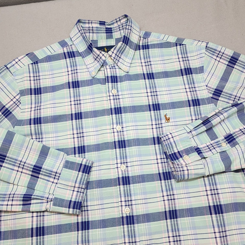 Ralph Lauren Button Down Shirt Green Navy Plaid‎ Long Sleeve Mens Large